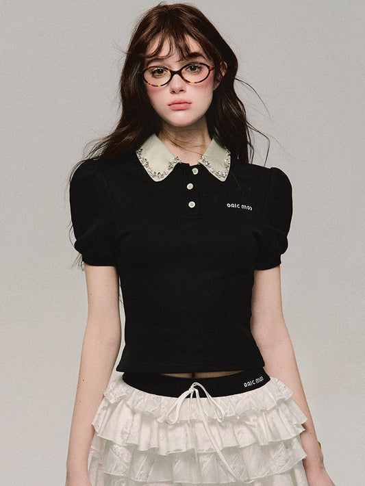 레이스 비쥬 바이컬러 시크 퍼프슬리브 큐트탑스 