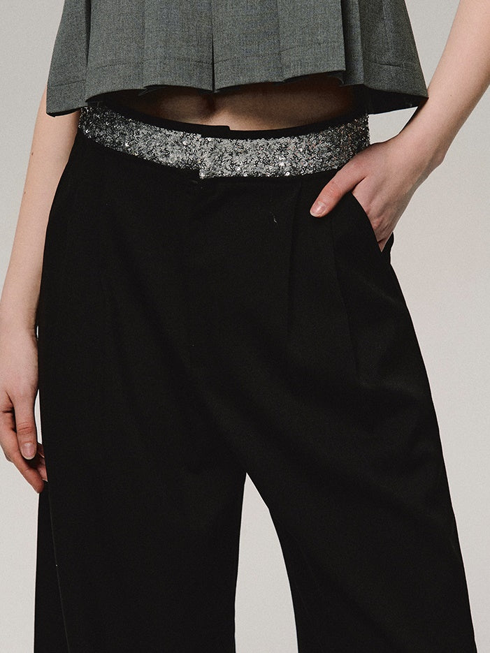 Straight Bijou High-Waist Wide-Leg Cool Pants