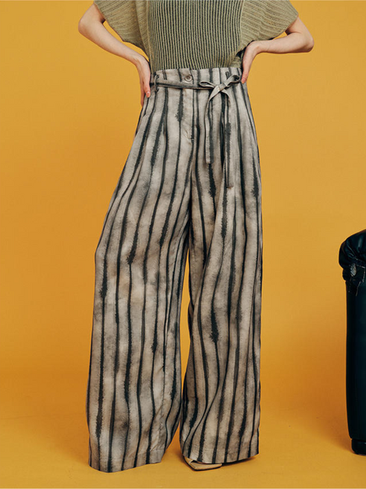 Ink Stripe Belted Wide-Leg Pants