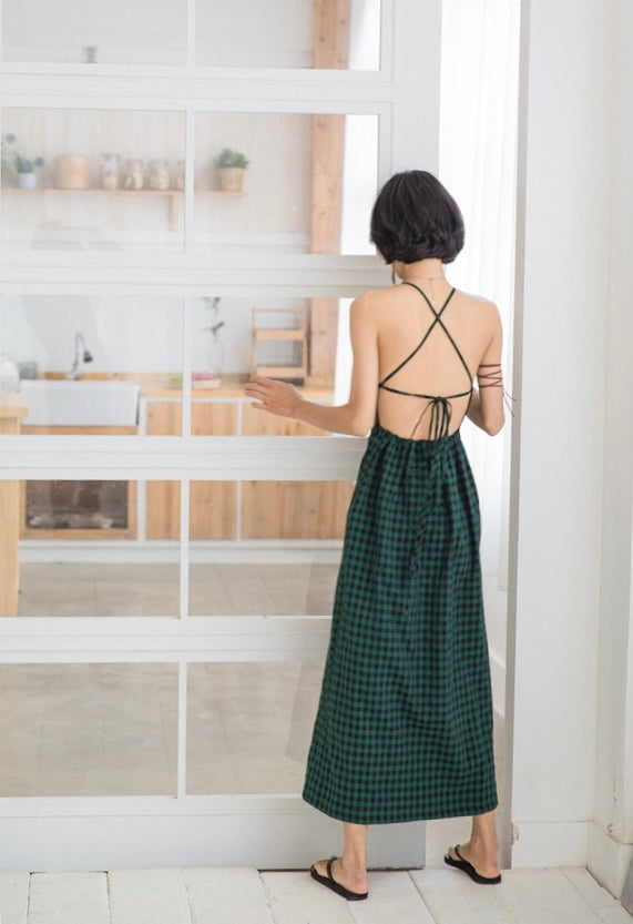 체크 타이백 슬릿 맥시 드레스