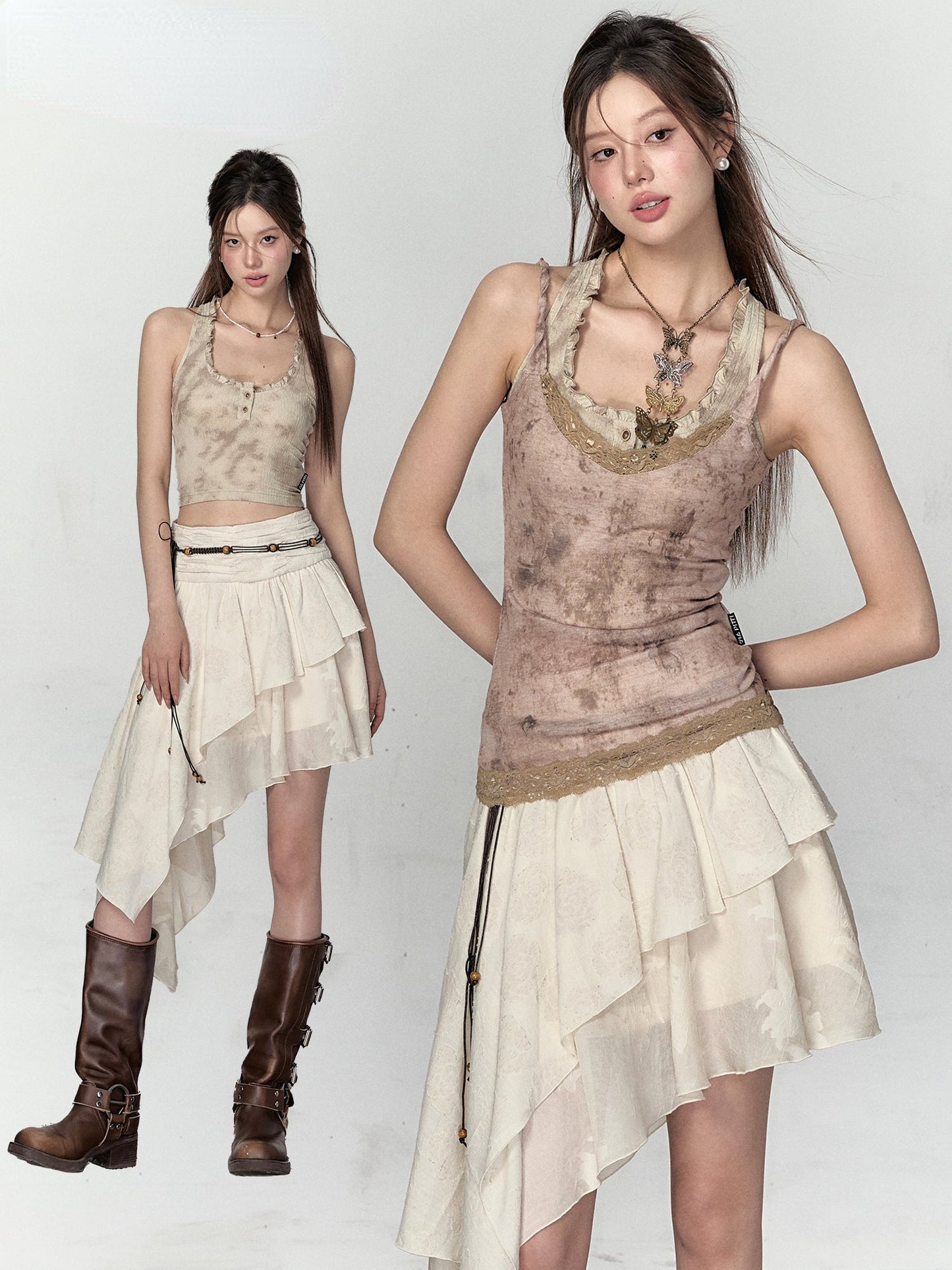 Coffee & Khaki Lace Patchwork Ombre Vest