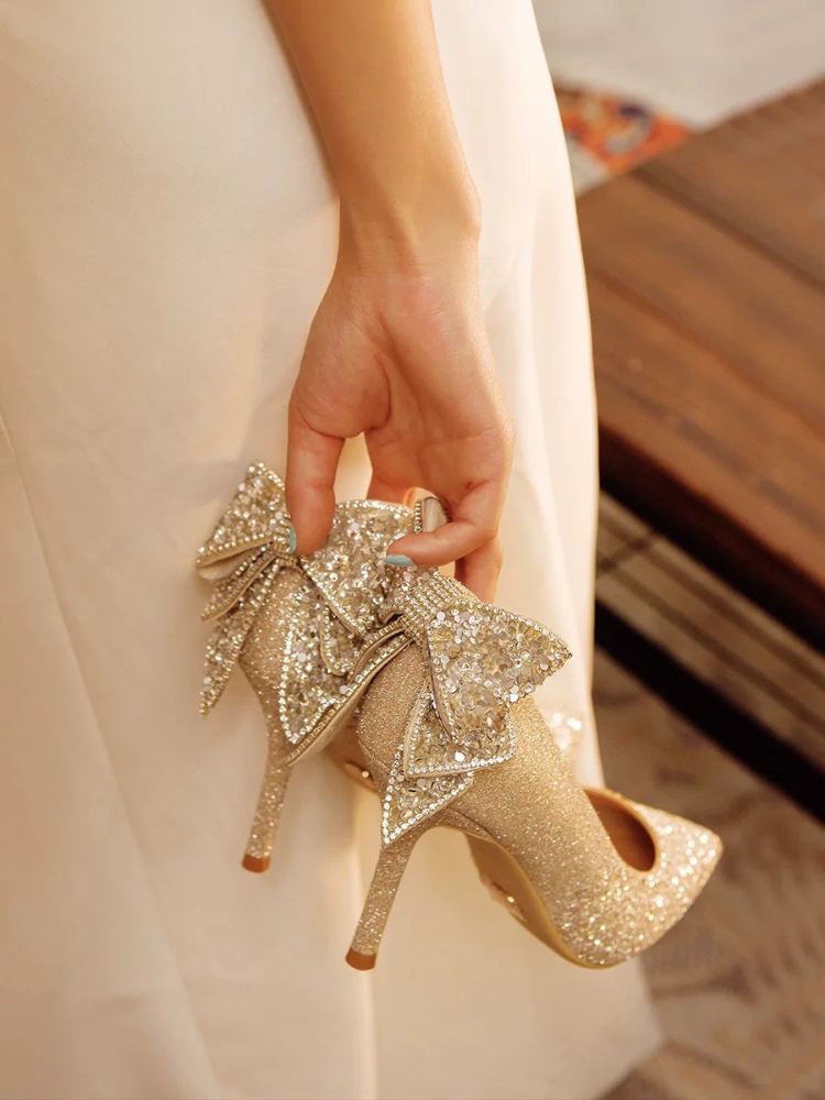 Crystal Bow Gold High Heels