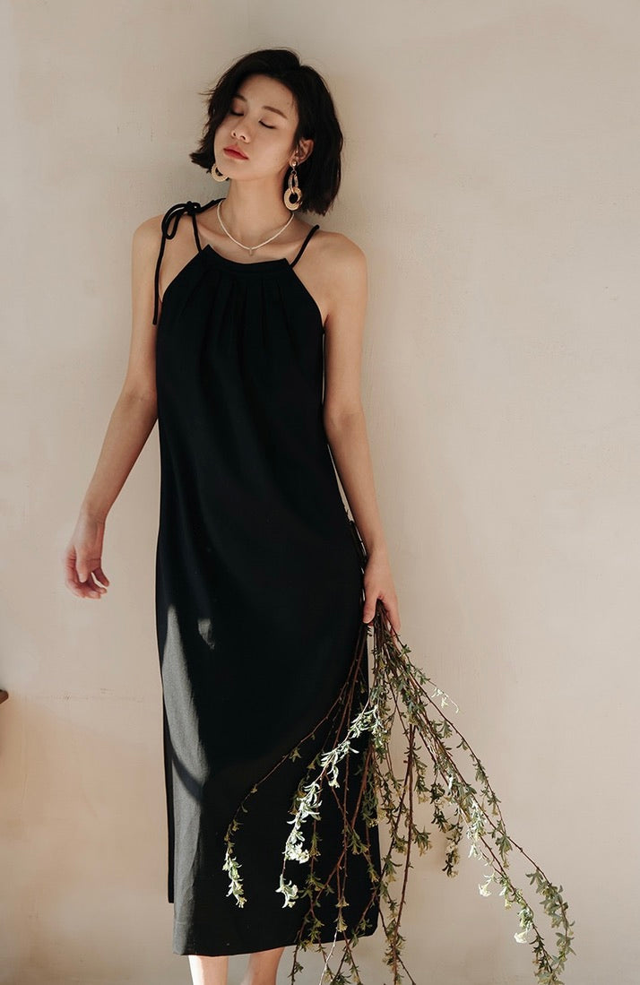 Ribbon Tie Maxi Dress in Black