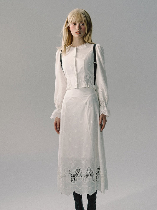 레이스 펀칭 여성스러운 레이스 캔디슬리브 블라우스&amp;롱스커트 