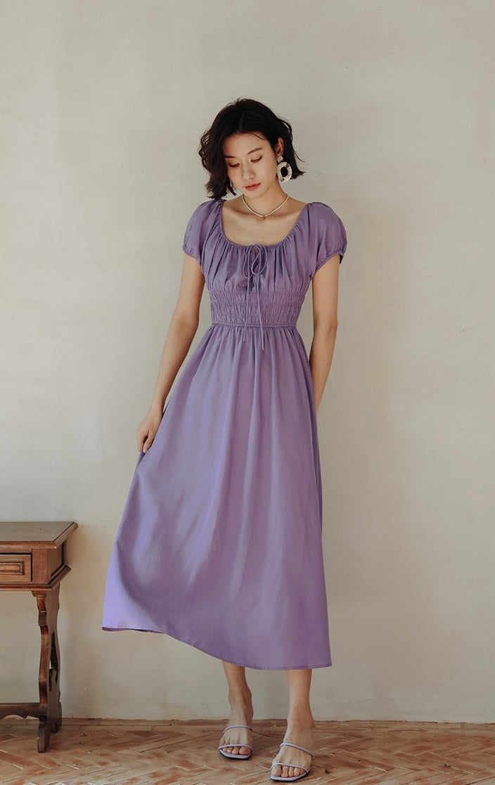 Puff Sleeve Smocked Flare Dress in Purple