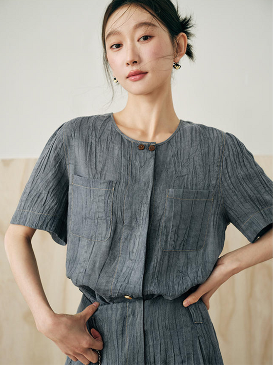 Textured Faux Denim Top and Straight Skirt Set