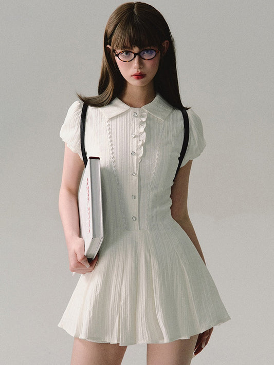 레이스 프릴 비즈 쇼트 플레어 퍼프 슬리브 드레스 