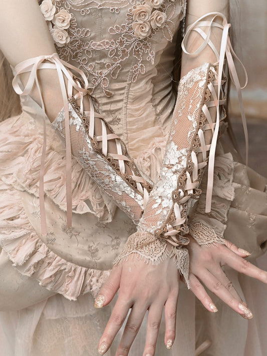 레이스 리본 시어 레이스업 플라워 팔 커버 장갑 