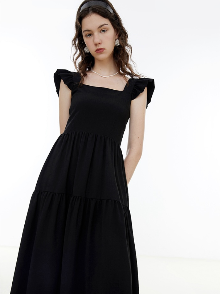 Ruffle Square Neck A-line Little Black Dress