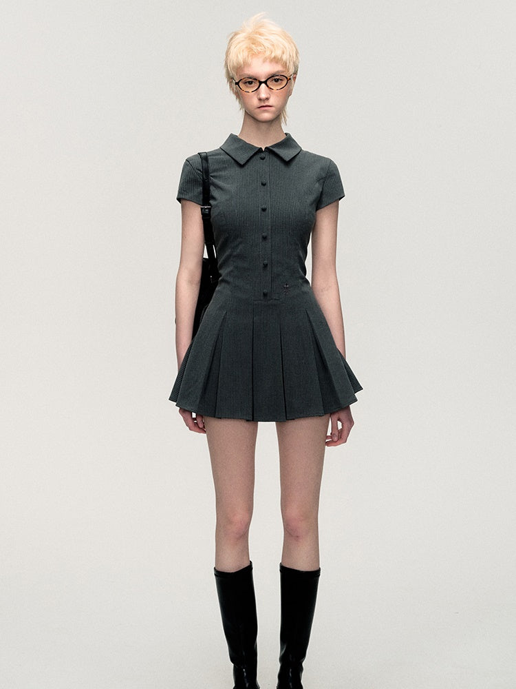 Polo-One-Piece Pleats Short Half-Button Dress