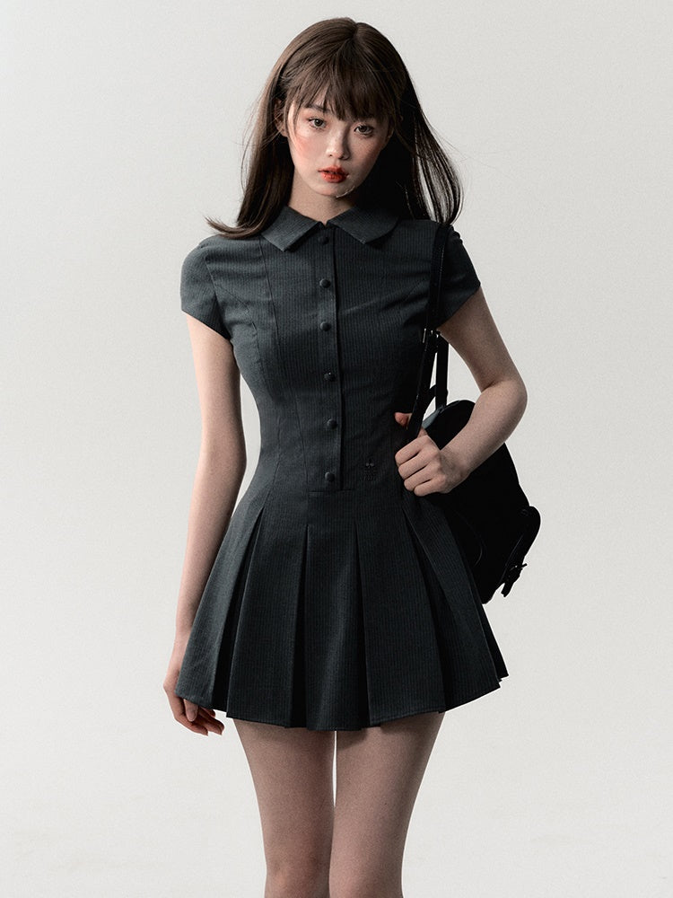 Polo-One-Piece Pleats Short Half-Button Dress