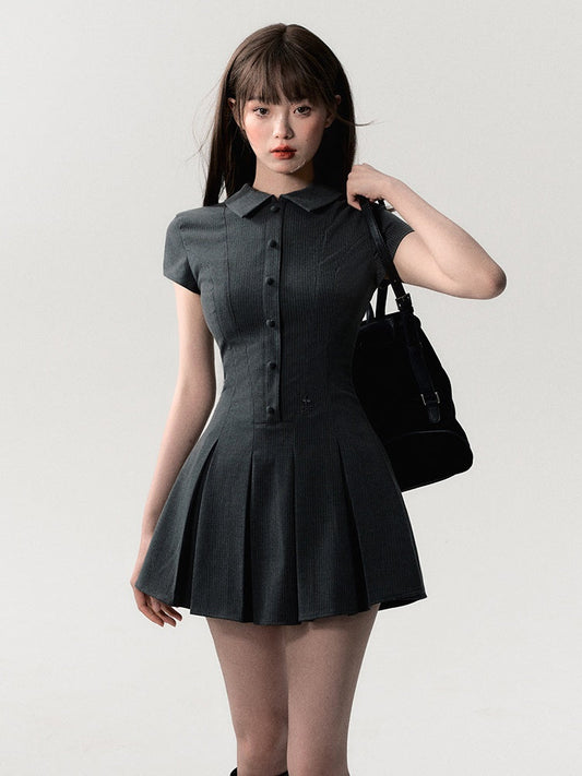 Polo-One-Piece Pleats Short Half-Button Dress