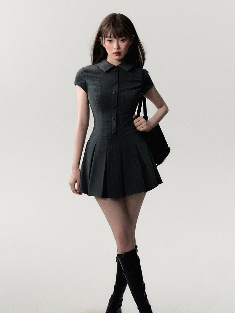 Polo-One-Piece Pleats Short Half-Button Dress