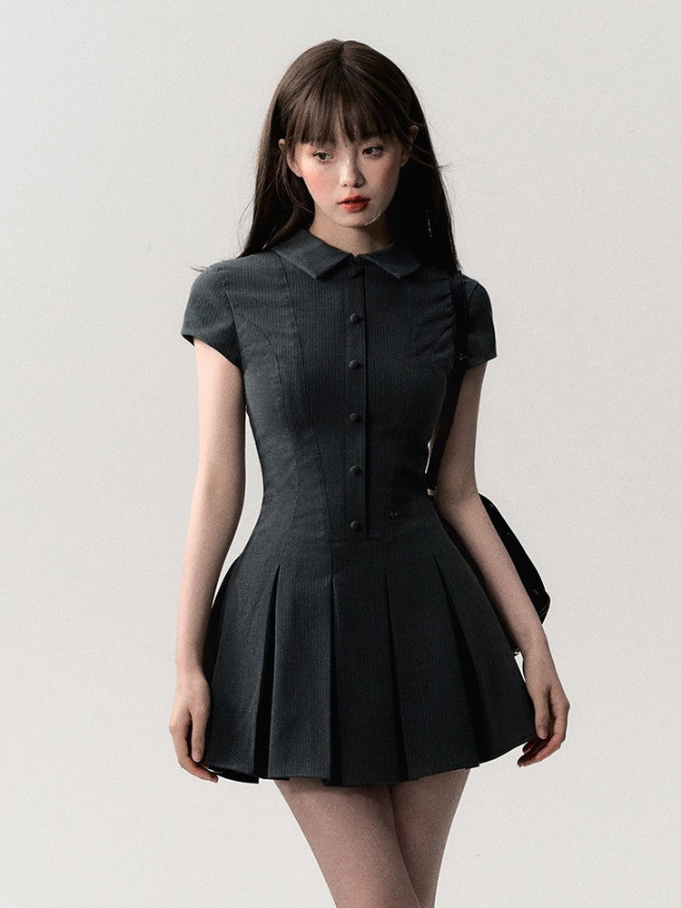 Polo-One-Piece Pleats Short Half-Button Dress