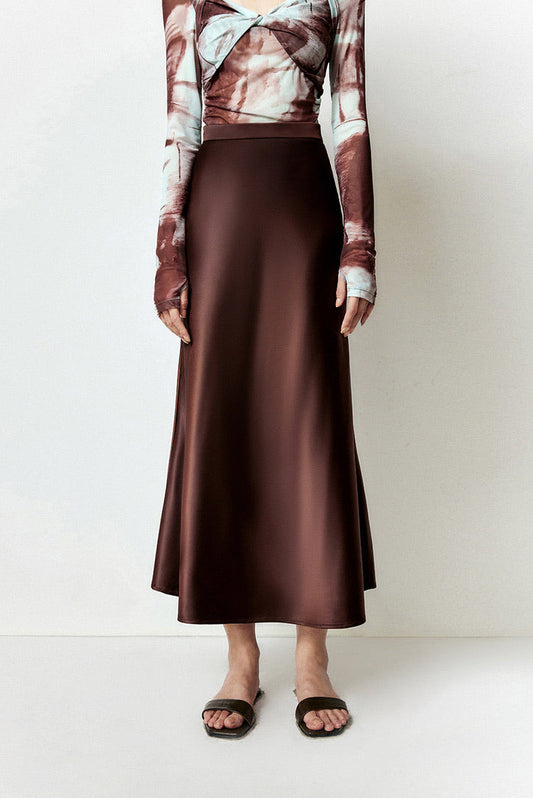 Satin Maxi Slip Skirt in Brown