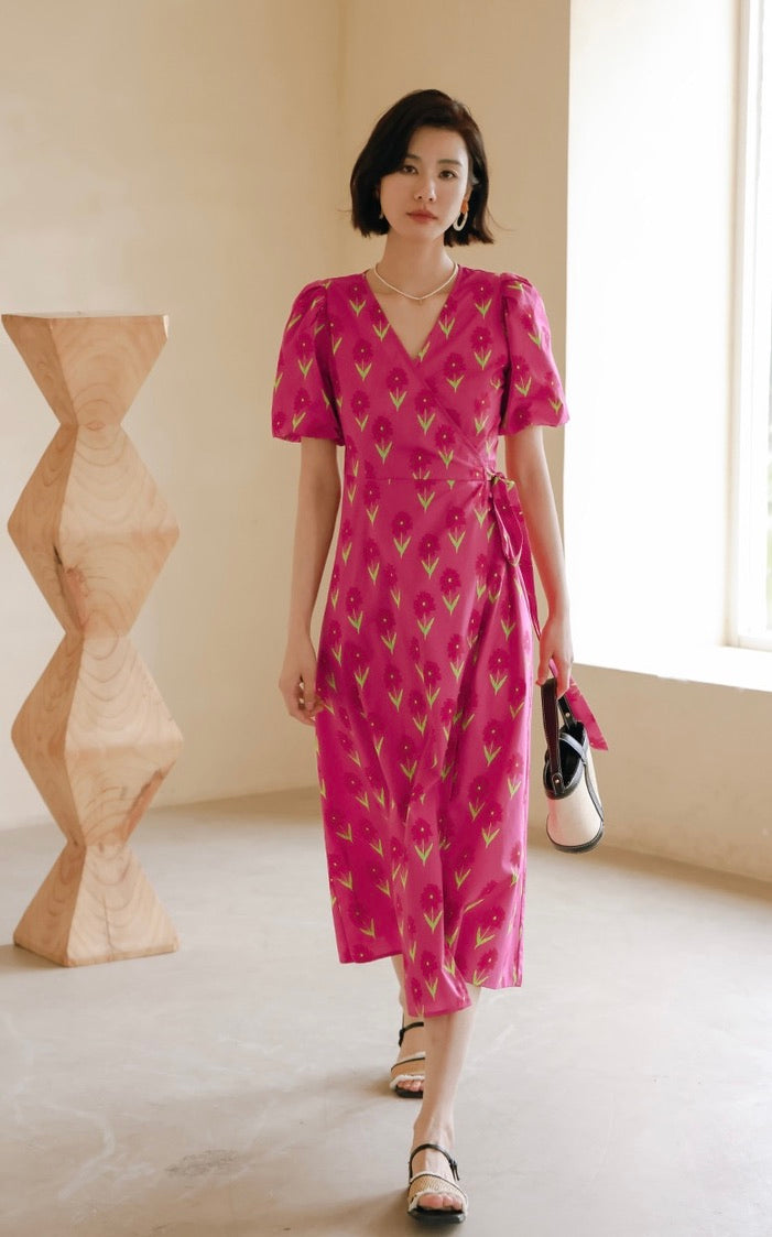 Tulip Puff Sleeve Wrap Dress in Pink