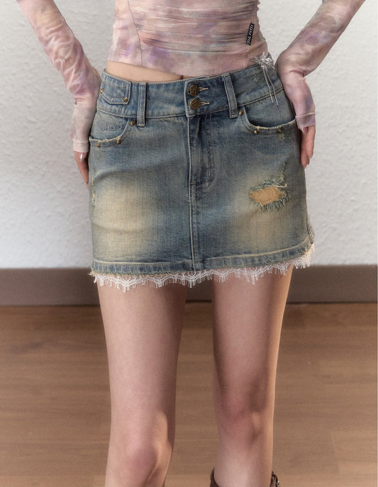 Washed Denim Distressed Mini Skirt