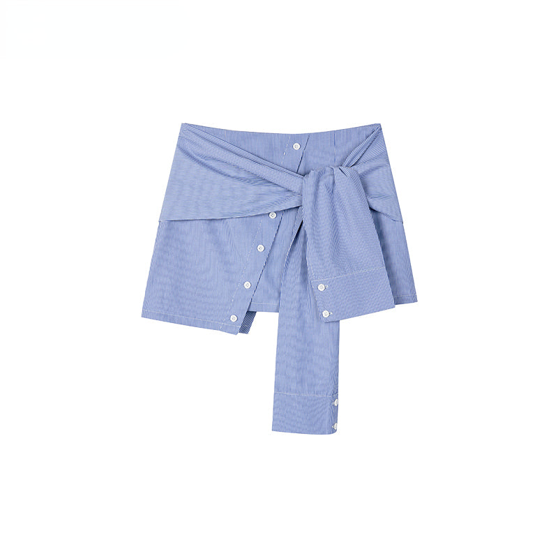 White & Blue Patchwork Belted Irregular Skirt