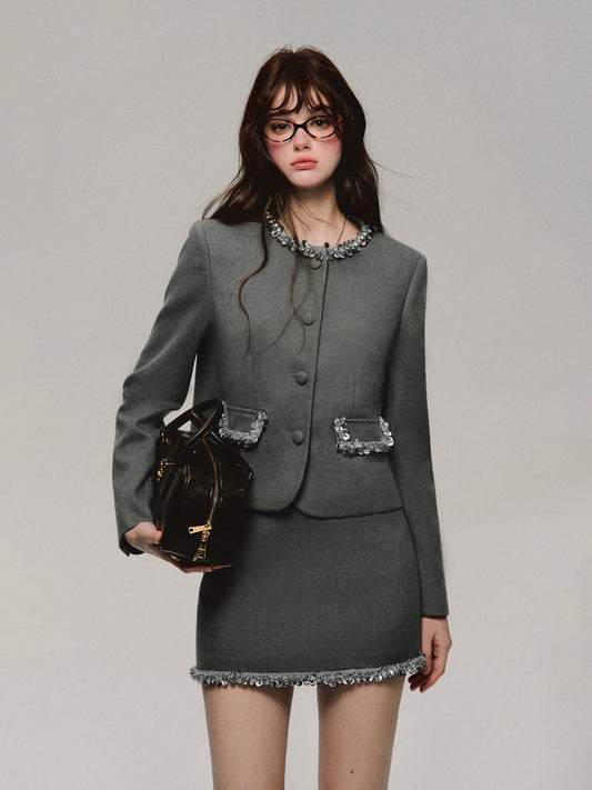 Set-Up Nichi Bijou No-Collar Elegant Jacket＆Mini-Skirt