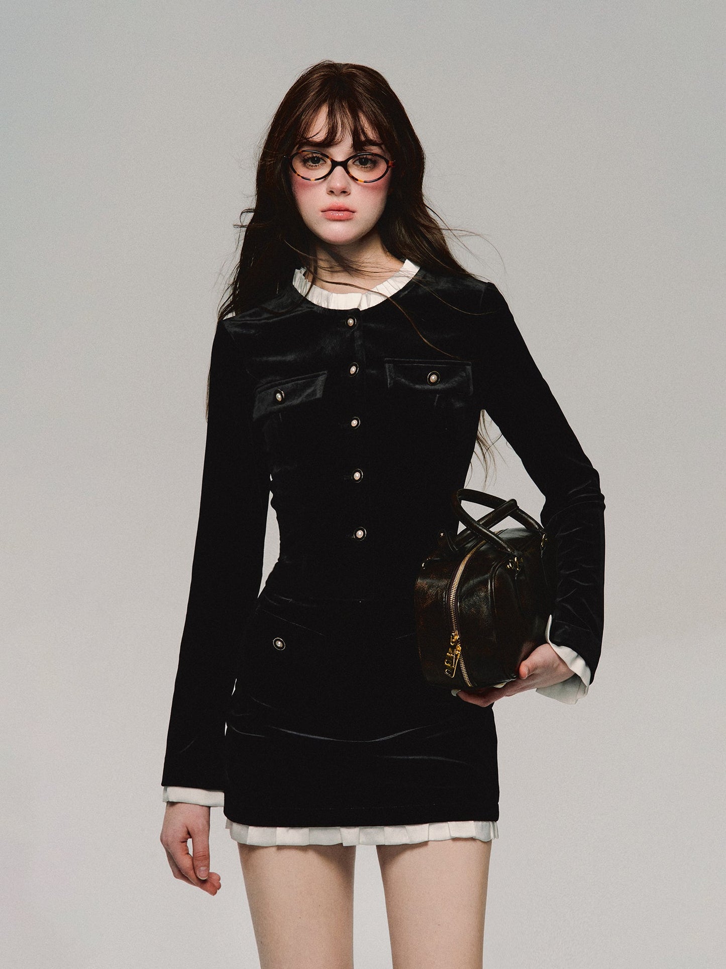 Velvet High-End Pleats Slim Set-Up Jacket＆Mini-Skirt