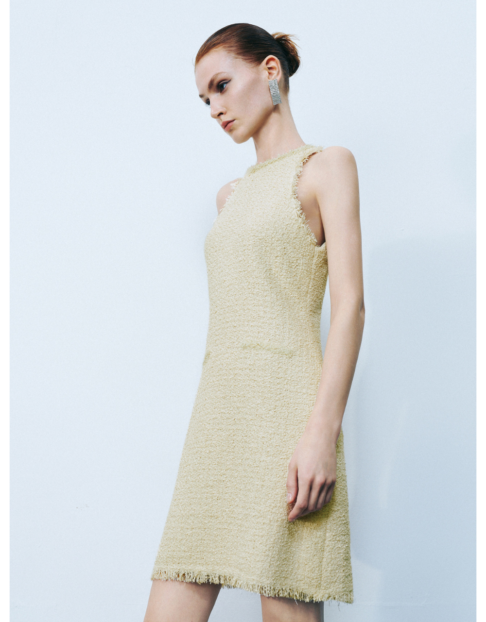 Sleeveless Raw Hem A-Line Tweed Dress