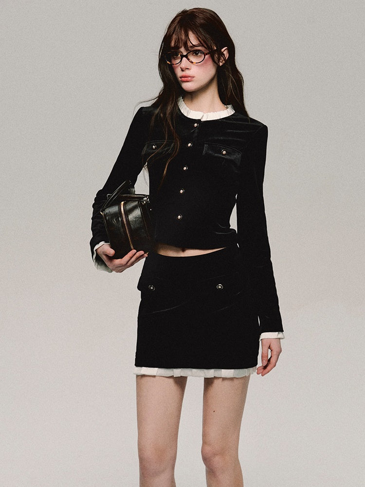 Velvet High-End Pleats Slim Set-Up Jacket＆Mini-Skirt