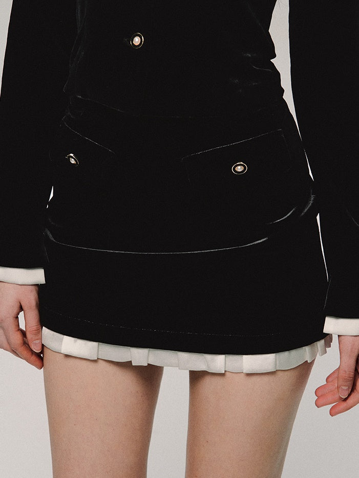 Velvet High-End Pleats Slim Set-Up Jacket＆Mini-Skirt