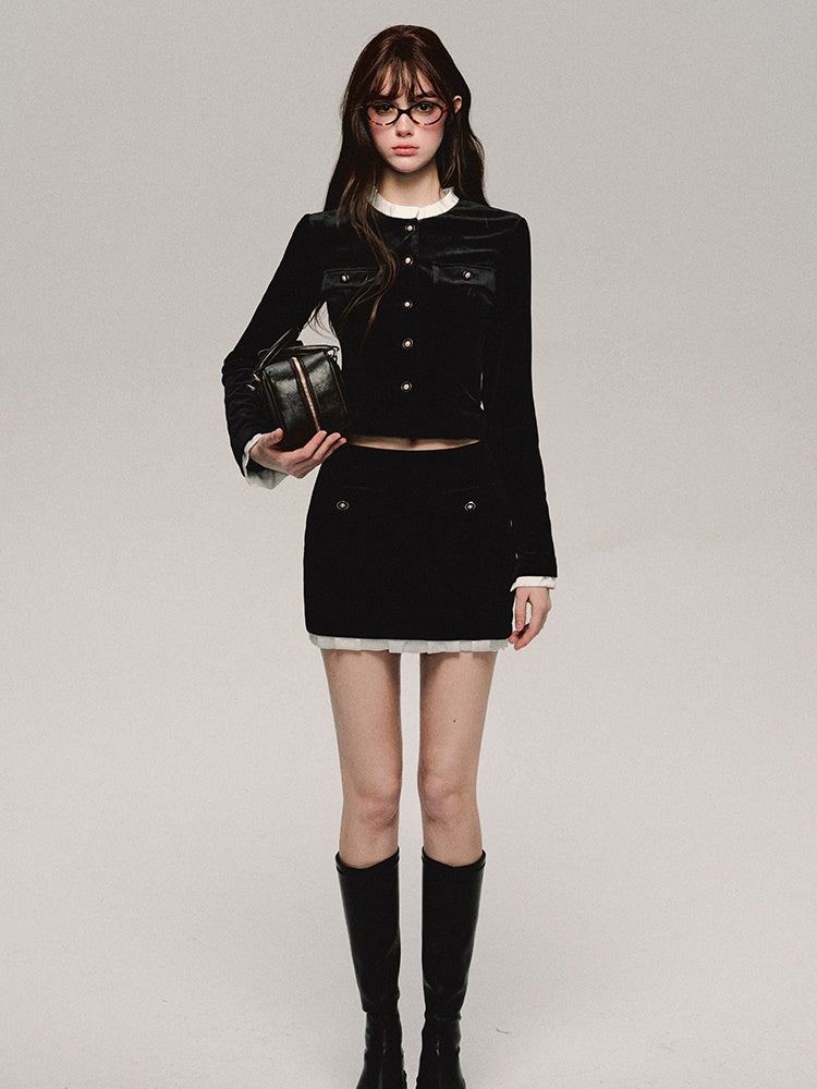 Velvet High-End Pleats Slim Set-Up Jacket＆Mini-Skirt