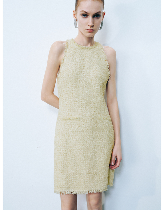 Sleeveless Raw Hem A-Line Tweed Dress