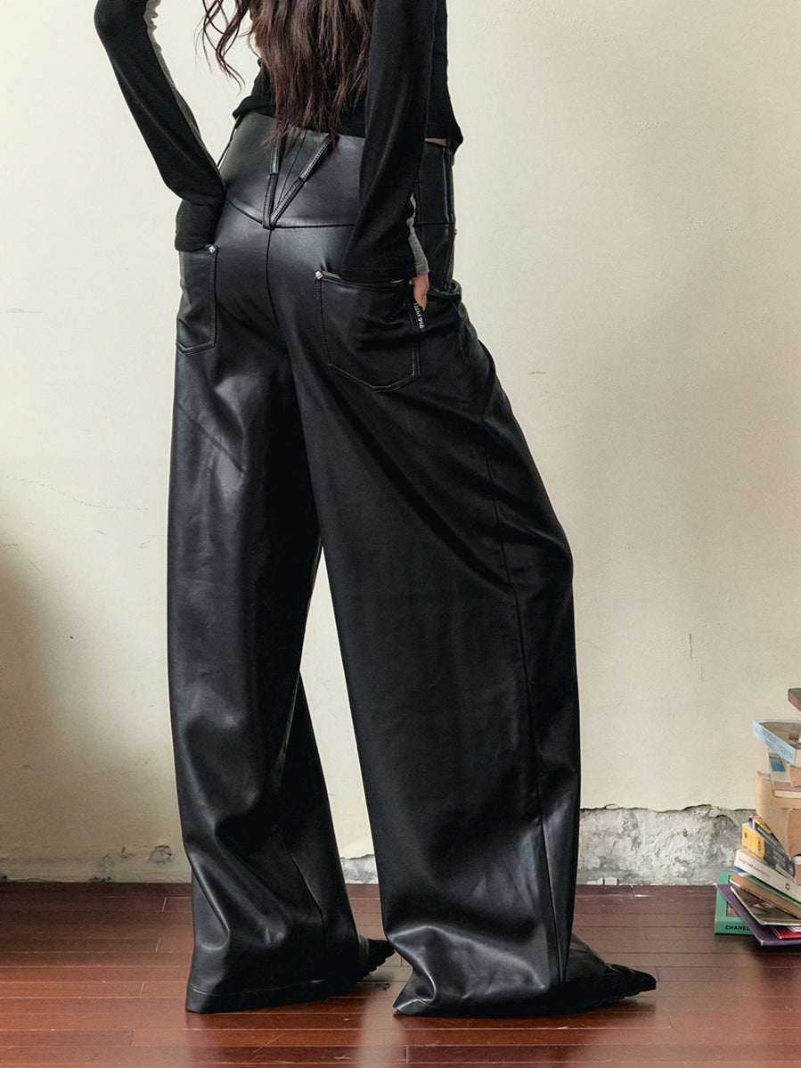 Black Loose-fitting Studded PU Leather Pants