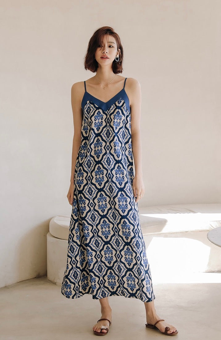 Satin Printed Cami Maxi Dress in Blue