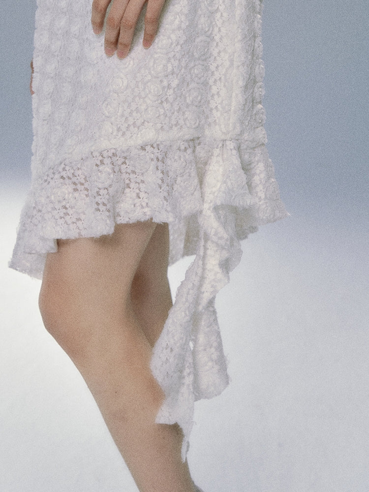 레이스 로즈 비대칭 플라워 프릴 원피스 