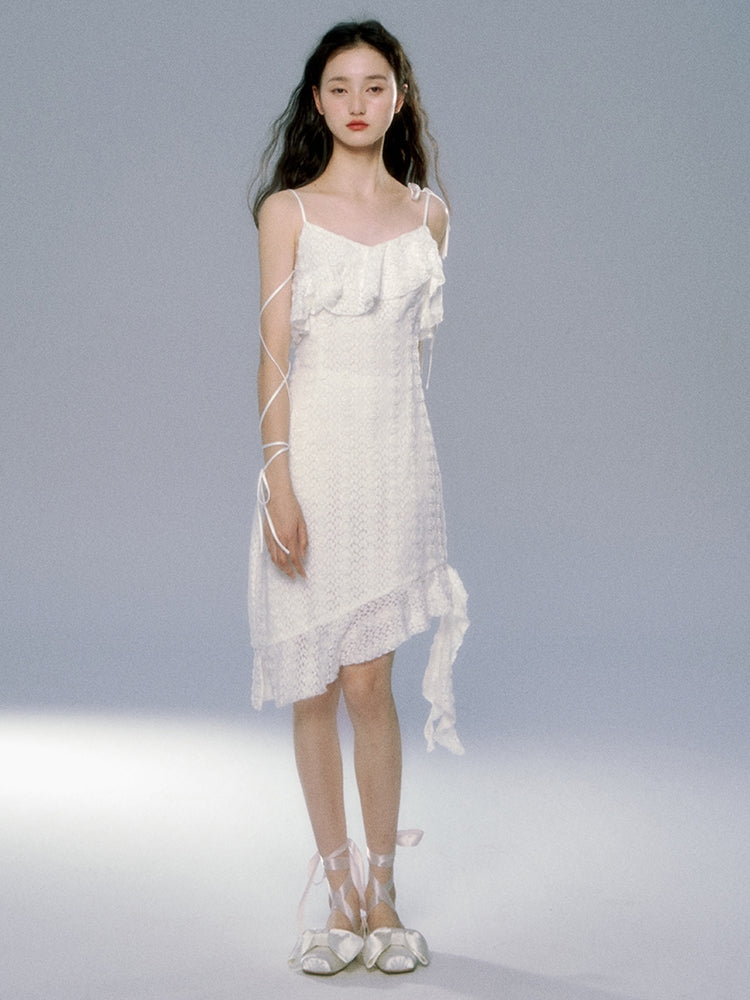 레이스 로즈 비대칭 플라워 프릴 원피스 