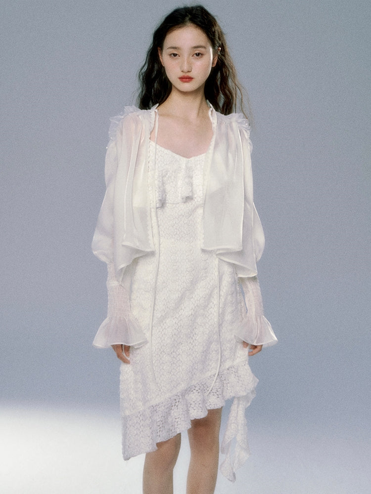 레이스 로즈 비대칭 플라워 프릴 원피스 