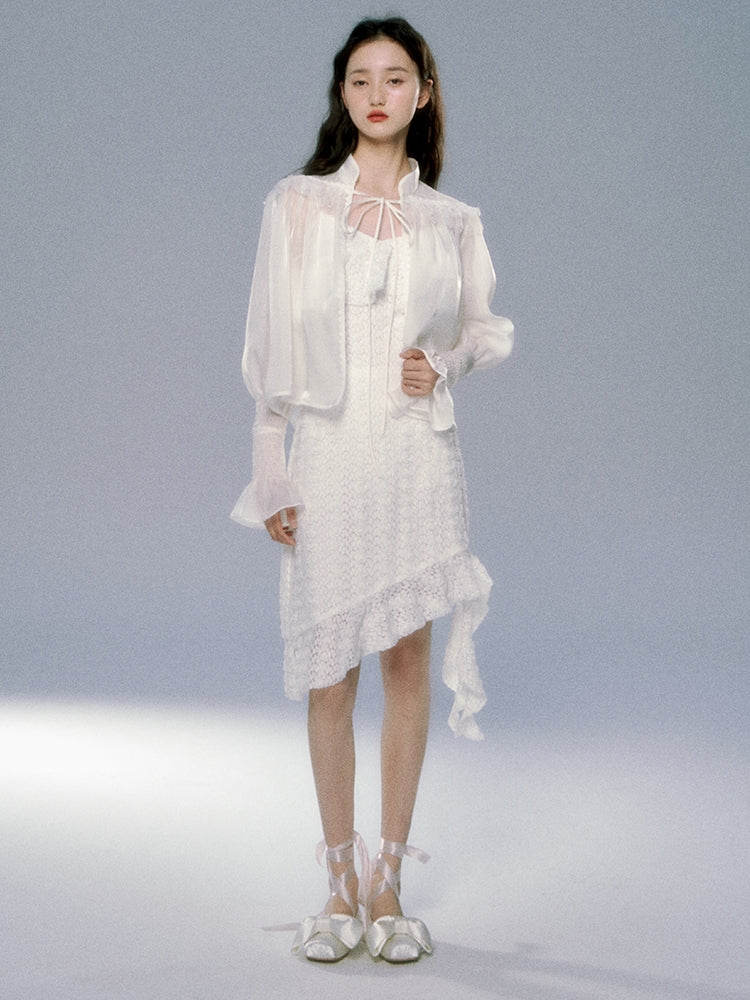 레이스 로즈 비대칭 플라워 프릴 원피스 