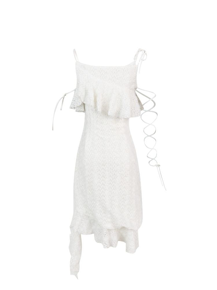 레이스 로즈 비대칭 플라워 프릴 원피스 