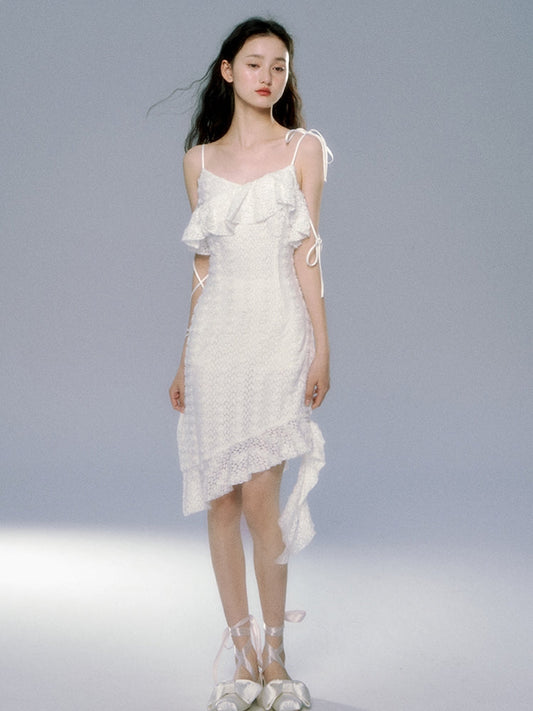 레이스 로즈 비대칭 플라워 프릴 원피스 