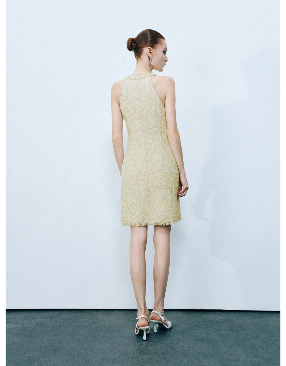 Sleeveless Raw Hem A-Line Tweed Dress