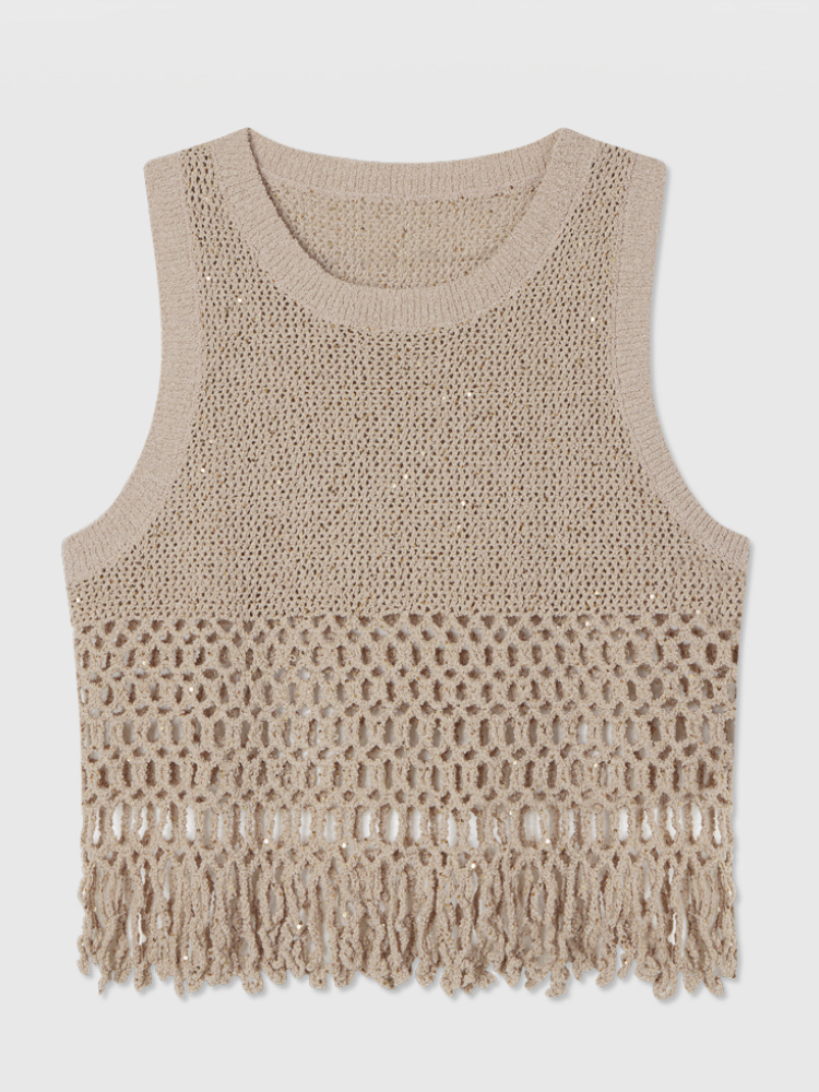 Breathable Linen Cotton Sequin Fringe Top