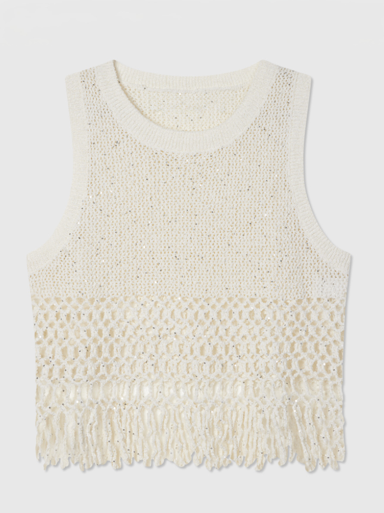 Breathable Linen Cotton Sequin Fringe Top