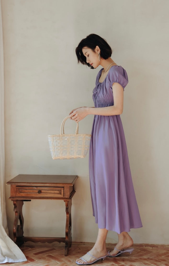 Puff Sleeve Smocked Flare Dress in Purple