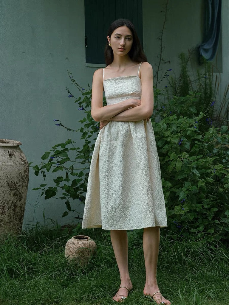 Textured Cami Mid Dress in Cream