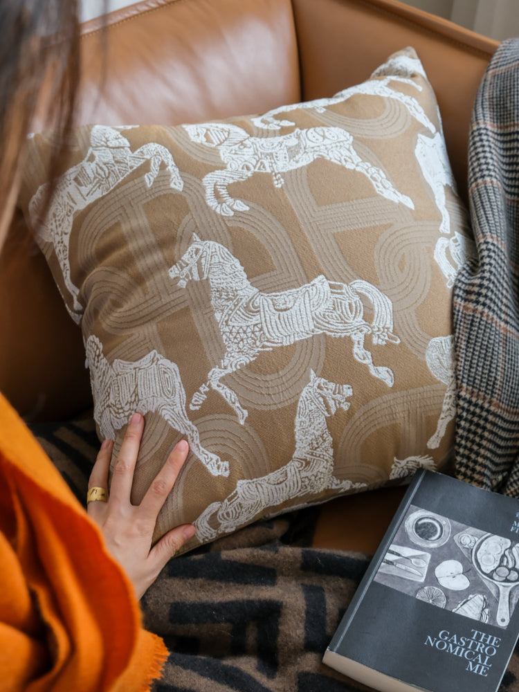 Royal Horse Embroidered Cushion in Wheat Hue