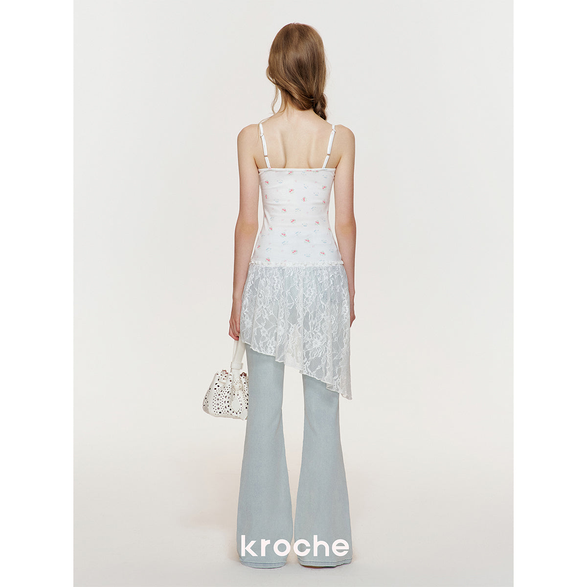 Kroche Lace Floral Diagonal Hem Halter Dress