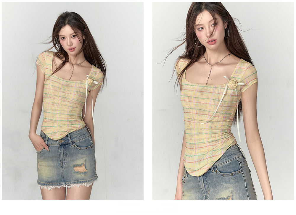 Pink & Yellow & Black Fitted Plaid Square Neck Top