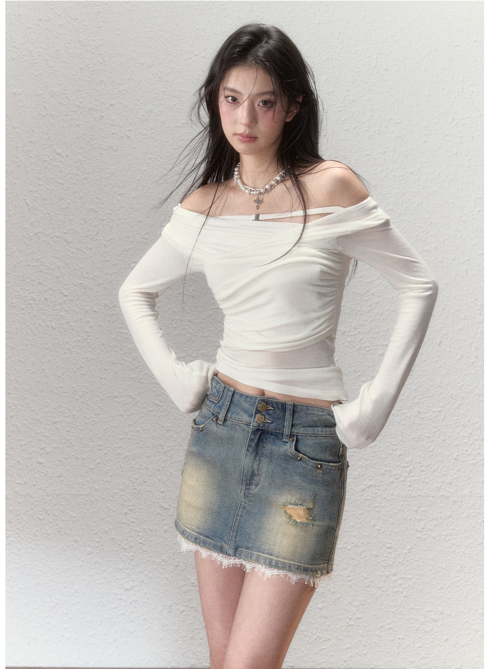 Washed Denim Distressed Mini Skirt