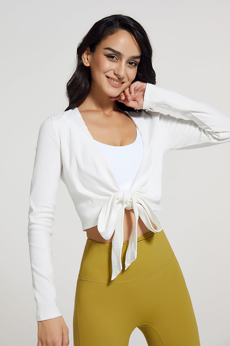 Ribbed V-neck Bandage Wrap Blouse Crop Top