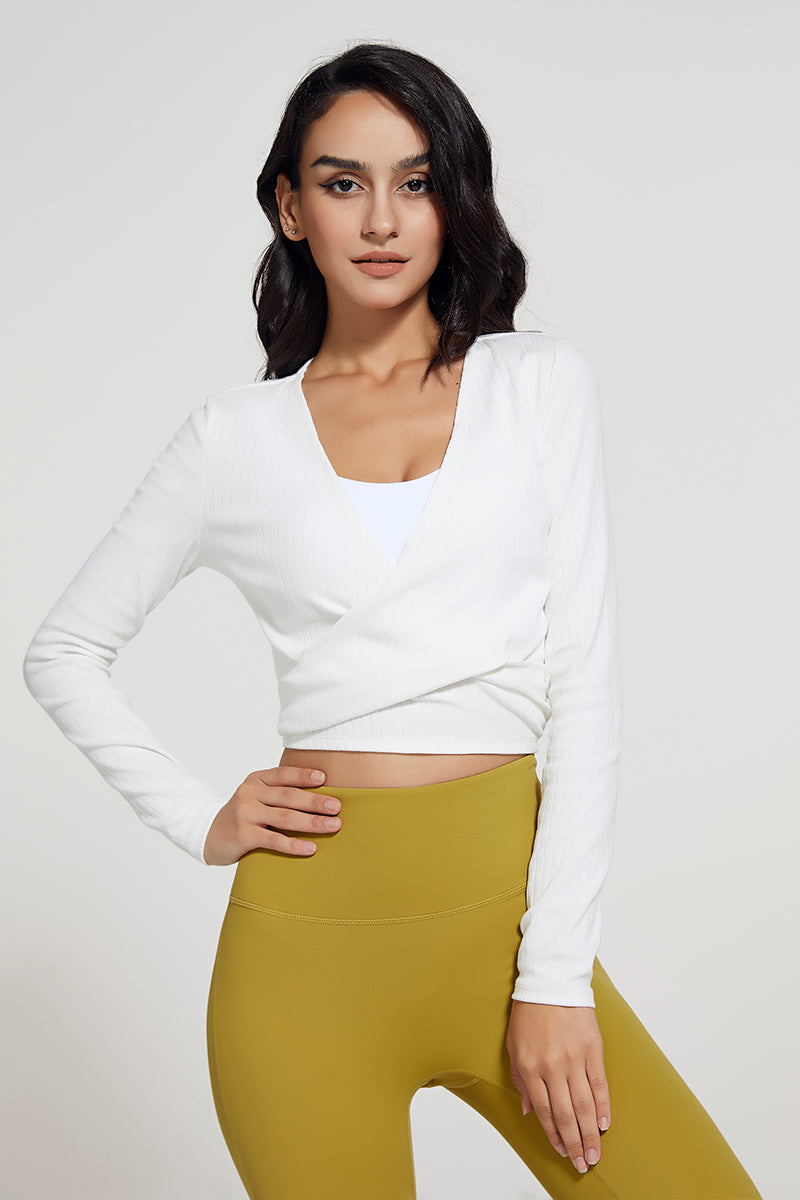 Ribbed V-neck Bandage Wrap Blouse Crop Top