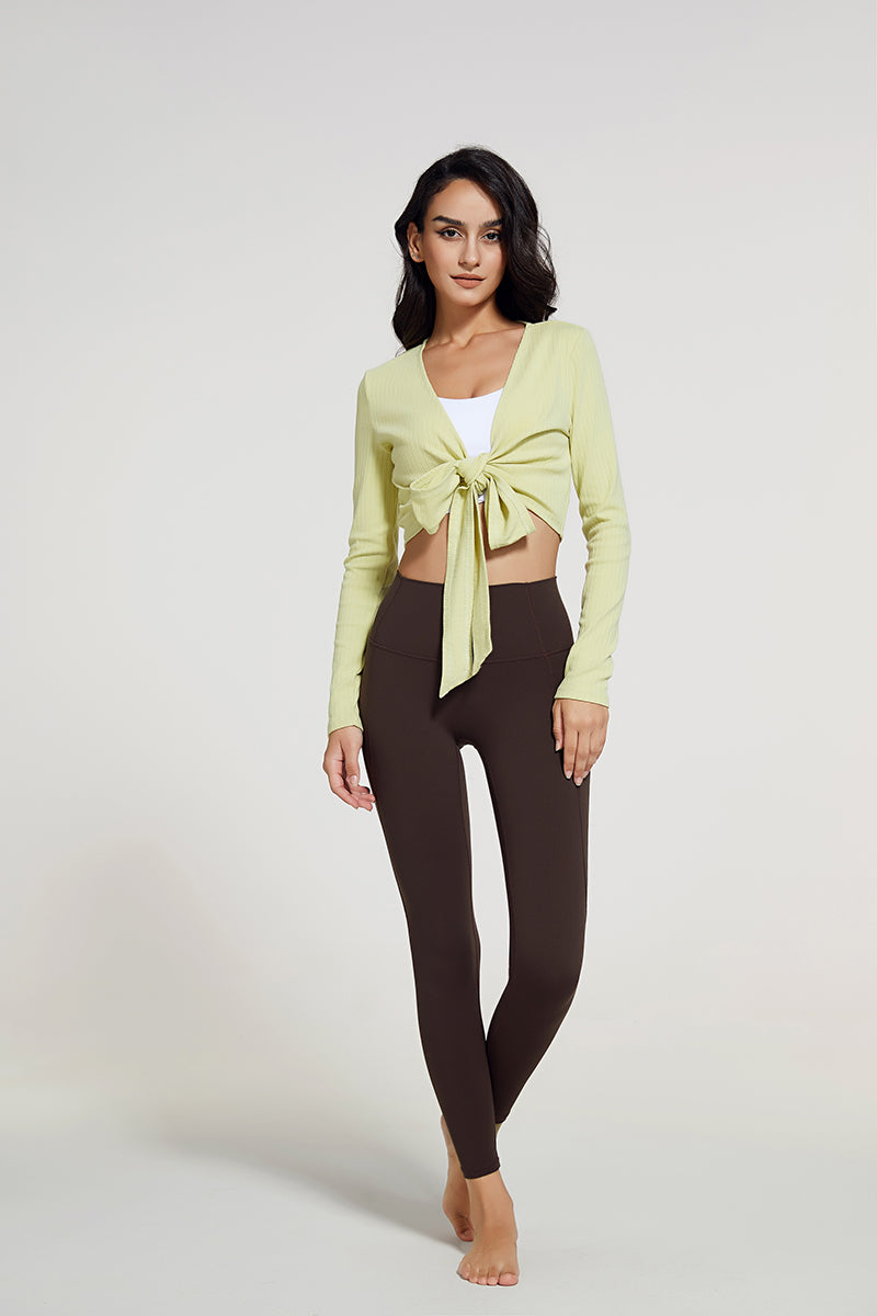 Ribbed V-neck Bandage Wrap Blouse Crop Top