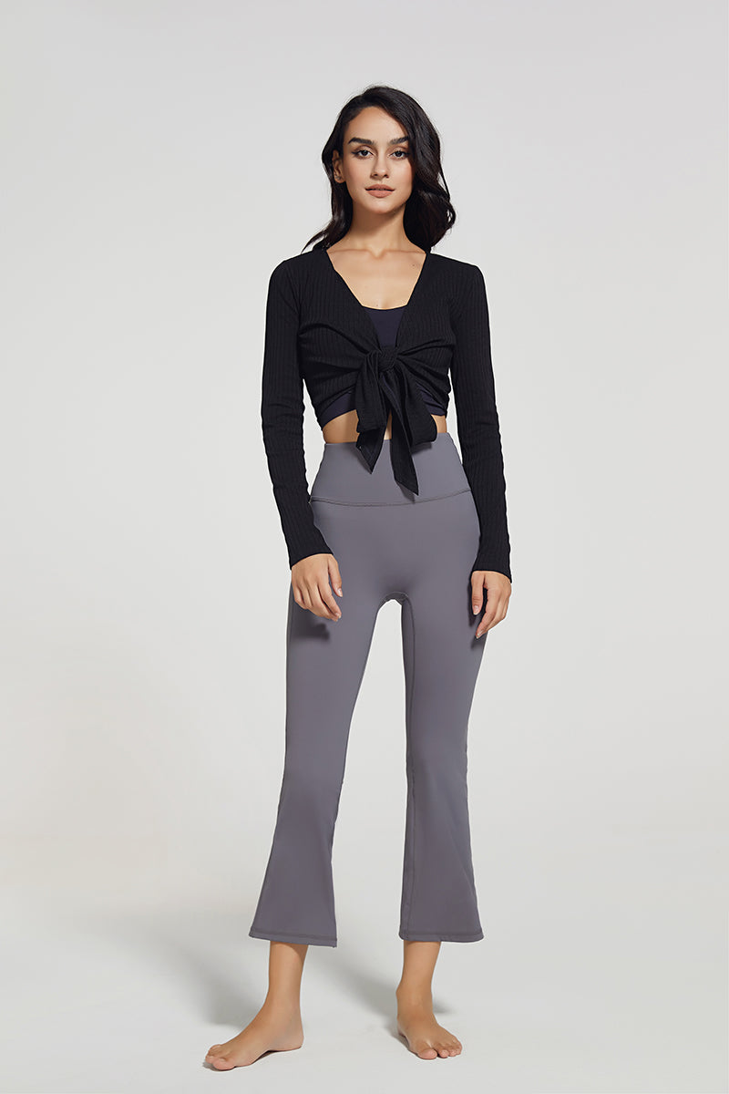 Ribbed V-neck Bandage Wrap Blouse Crop Top